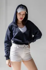 Hooded V-Neck Crop Sweatshirt with Thick Fleece Lining