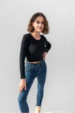 Uzun Kollu Fitilli Bluz Crop Örme T-shirt