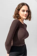 Uzun Kollu Fitilli Bluz Crop Örme T-shirt