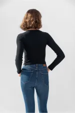 Uzun Kollu Fitilli Bluz Crop Örme T-shirt