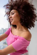 Örme Carmen Yaka Crop Bluz