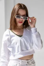 Hooded V-Neck Crop Sweatshirt with Thick Fleece Lining