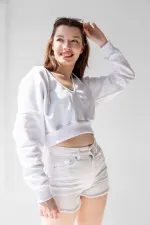 Hooded V-Neck Crop Sweatshirt with Thick Fleece Lining