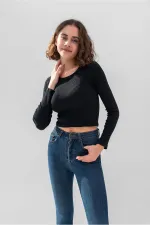 Uzun Kollu Fitilli Bluz Crop Örme T-shirt