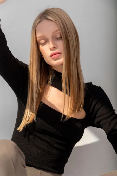 Black Ribbed Turtleneck Blouse