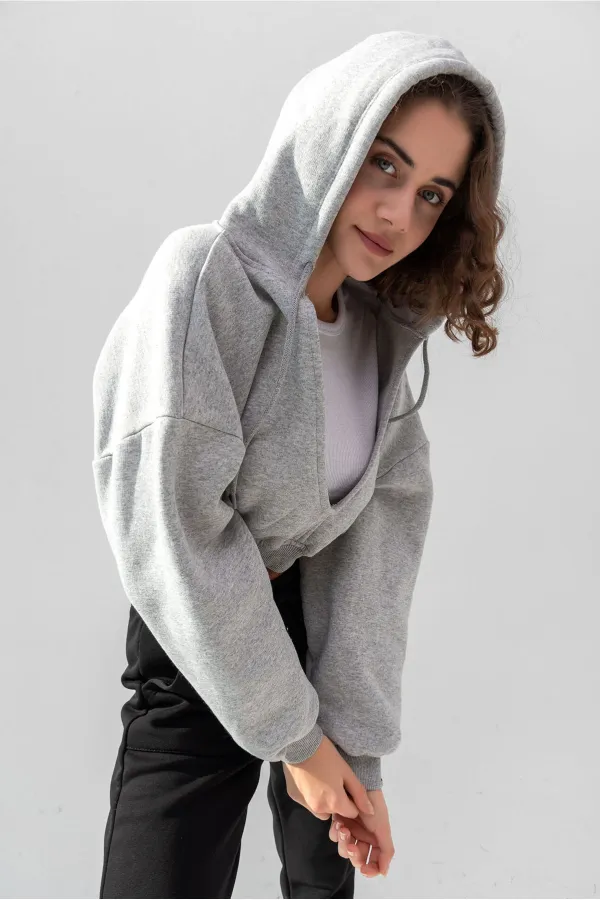 Hooded V-Neck Crop Sweatshirt with Thick Fleece Lining