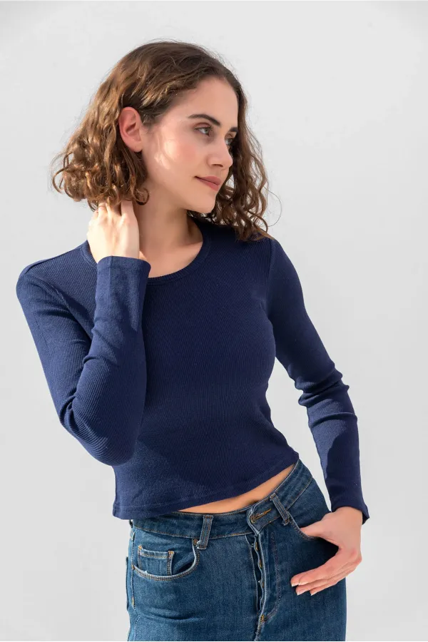 Uzun Kollu Fitilli Bluz Crop Örme T-shirt