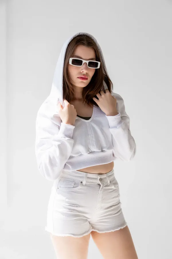 Hooded V-Neck Crop Sweatshirt with Thick Fleece Lining