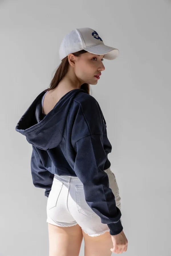 Hooded V-Neck Crop Sweatshirt with Thick Fleece Lining