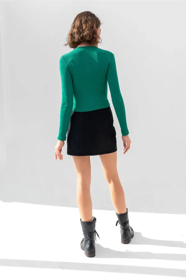 Uzun Kollu Fitilli Bluz Crop Örme T-shirt