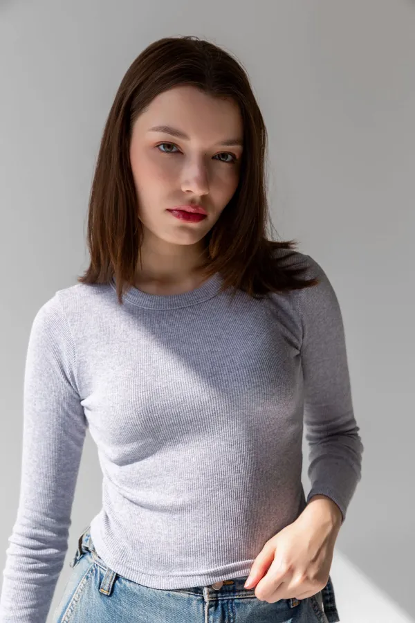 Chemisier côtelé à manches longues, t-shirt court en maille