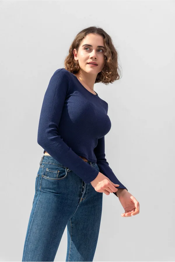 Uzun Kollu Fitilli Bluz Crop Örme T-shirt