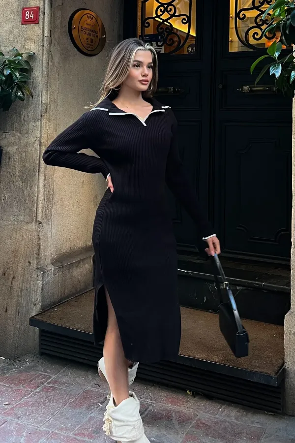Polo Yaka Triko Midi Elbise