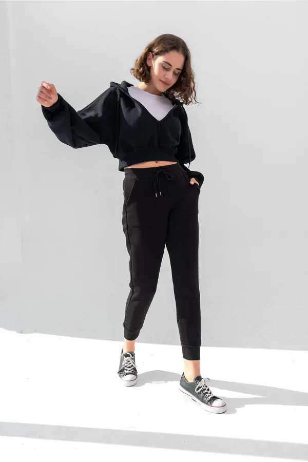 Hooded V-Neck Crop Sweatshirt with Thick Fleece Lining