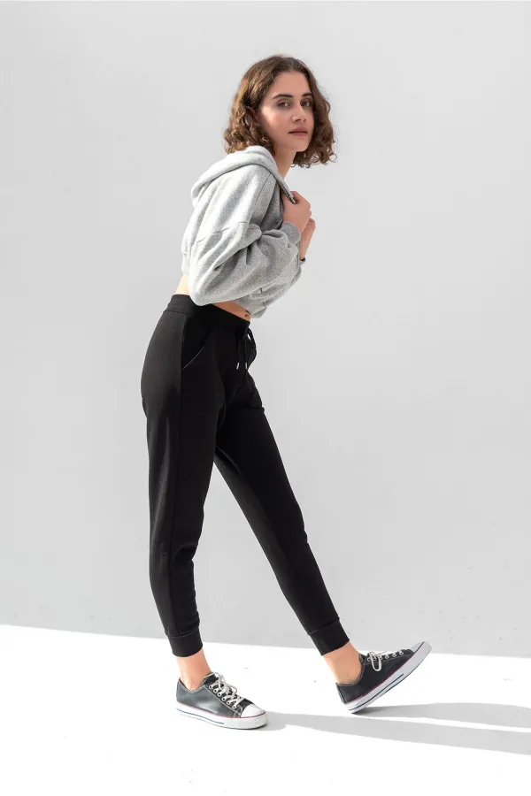 Hooded V-Neck Crop Sweatshirt with Thick Fleece Lining