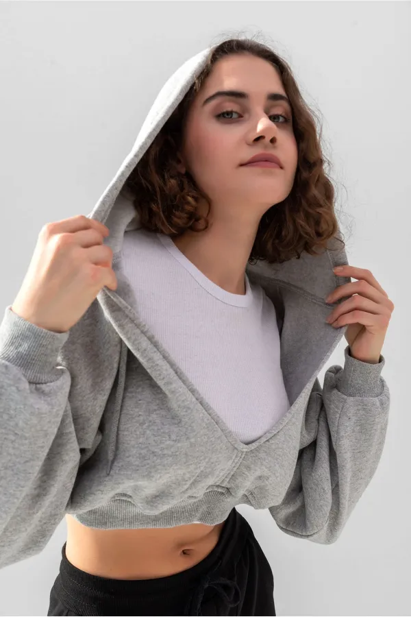 Hooded V-Neck Crop Sweatshirt with Thick Fleece Lining