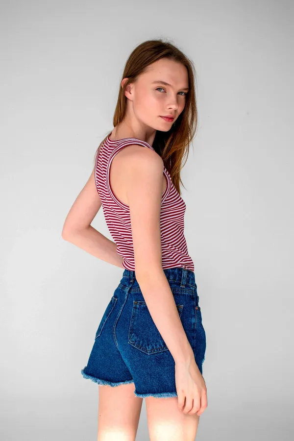 Çizgili Fitilli Halter Yaka Kolsuz Atlet