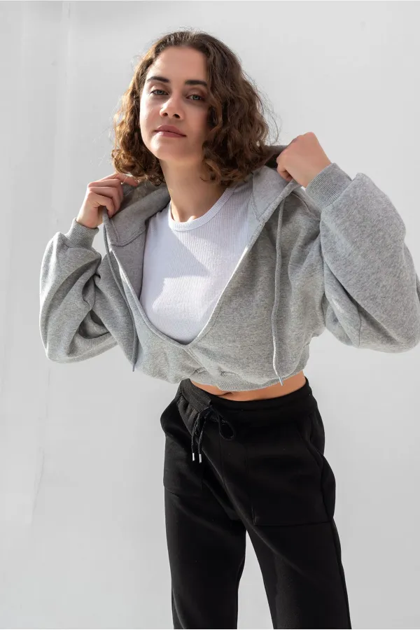 Hooded V-Neck Crop Sweatshirt with Thick Fleece Lining