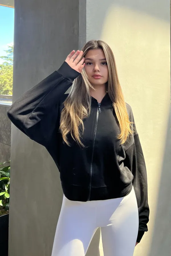 Hooded Zip-Up Crop Sweatshirt