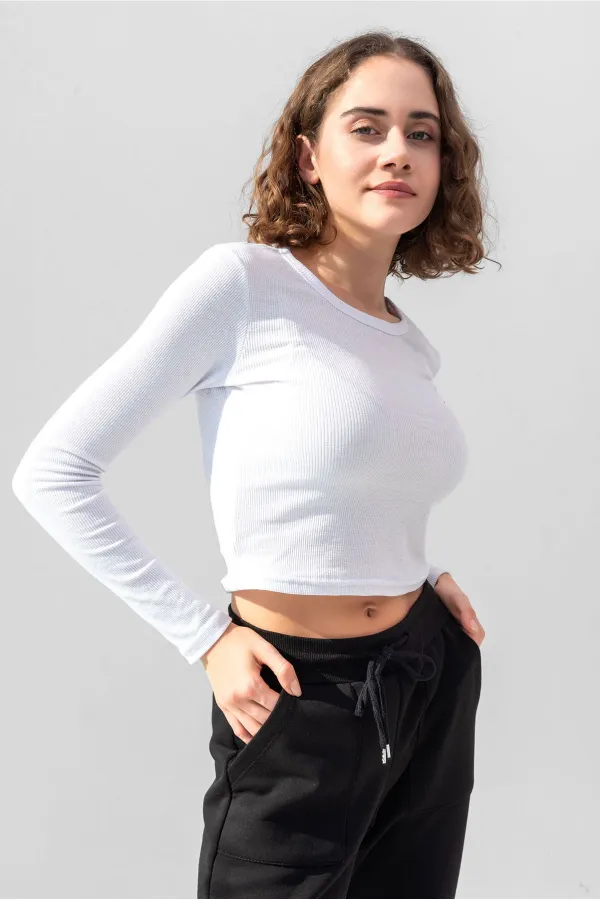 Uzun Kollu Fitilli Bluz Crop Örme T-shirt