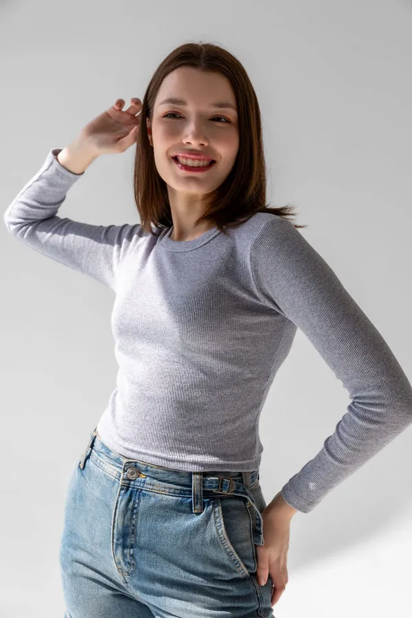 Chemisier côtelé à manches longues, t-shirt court en maille