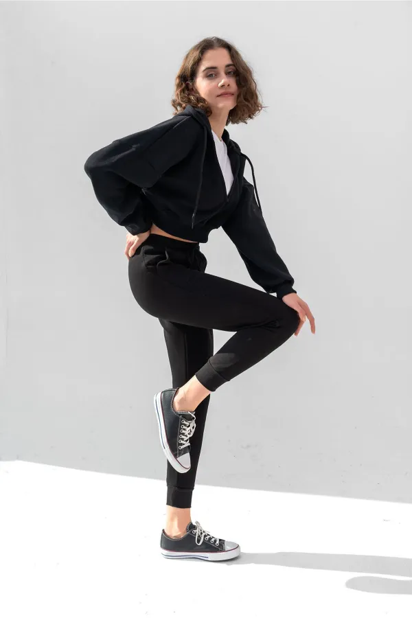 Hooded V-Neck Crop Sweatshirt with Thick Fleece Lining