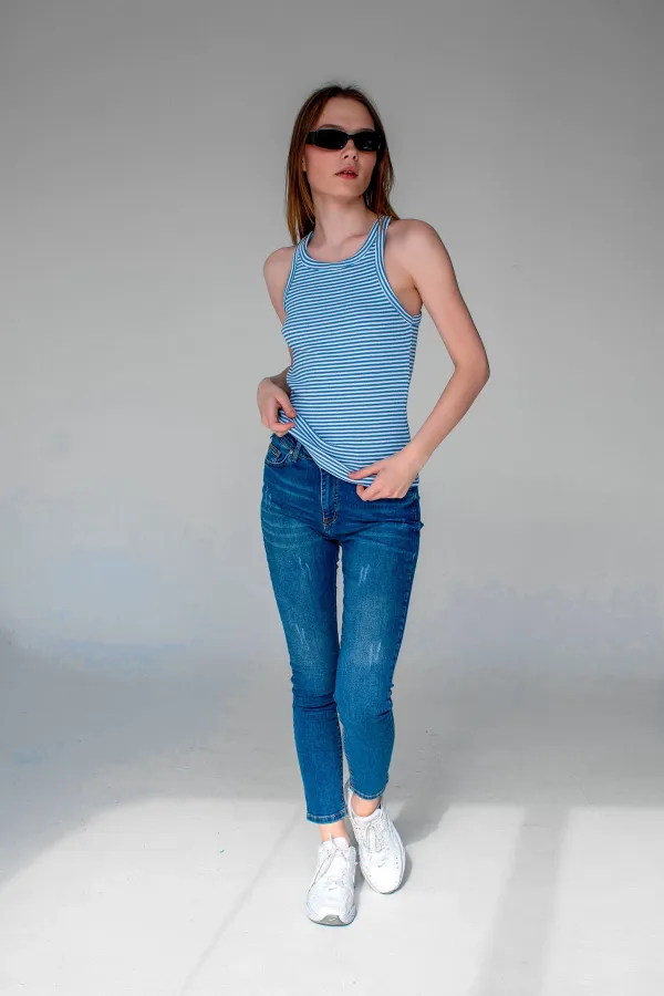 Débardeur sans manches à rayures côtelées et col halter