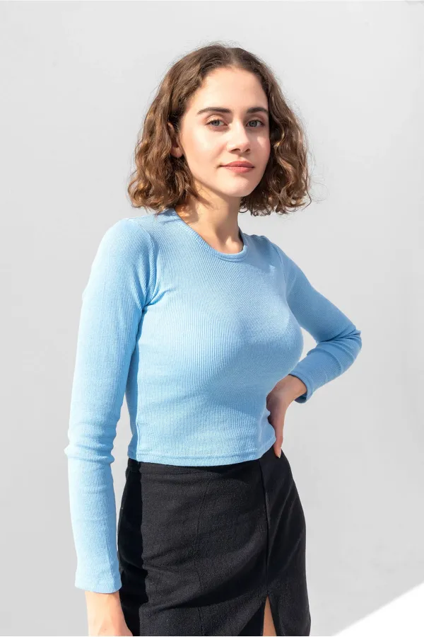 Uzun Kollu Fitilli Bluz Crop Örme T-shirt