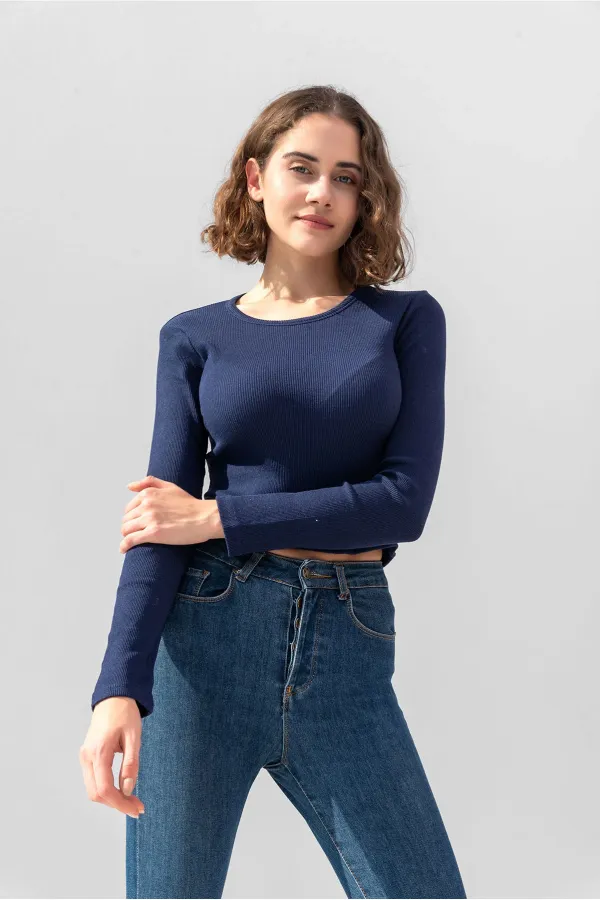 Uzun Kollu Fitilli Bluz Crop Örme T-shirt