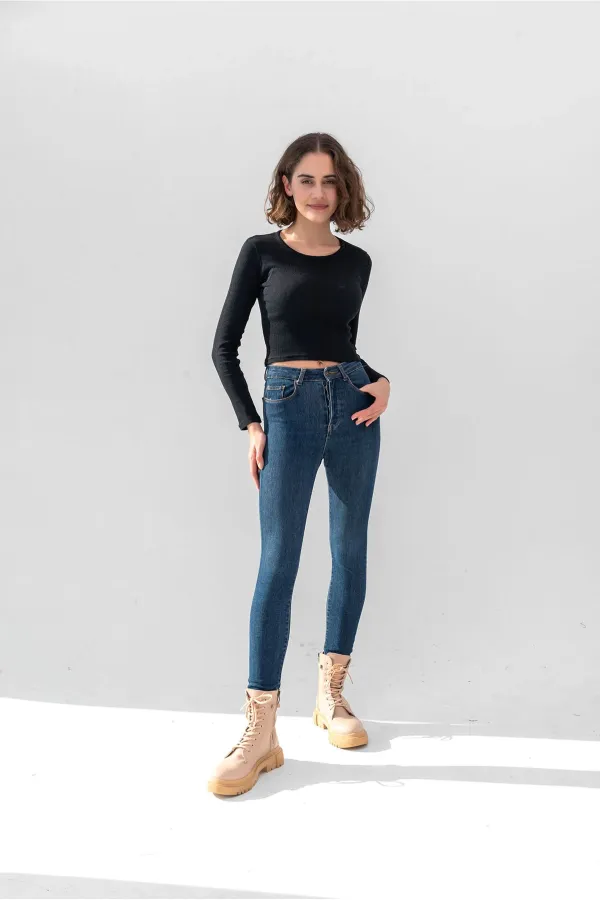 Uzun Kollu Fitilli Bluz Crop Örme T-shirt