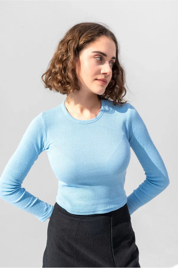 Uzun Kollu Fitilli Bluz Crop Örme T-shirt