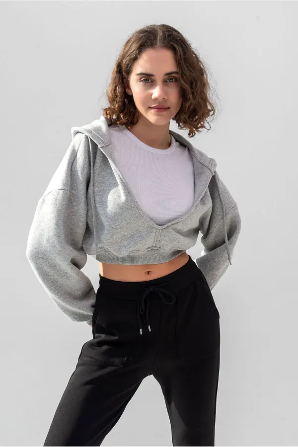 Hooded V-Neck Crop Sweatshirt with Thick Fleece Lining