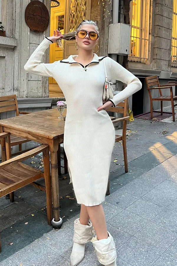 Polo Yaka Triko Midi Elbise