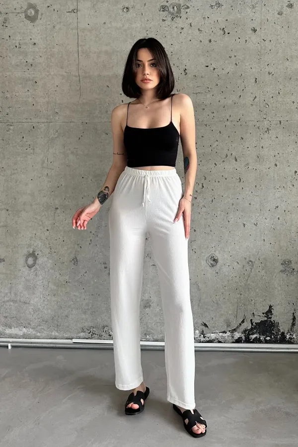 Pantalon taille haute en tissu gant élastiqué