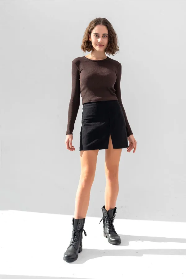 Uzun Kollu Fitilli Bluz Crop Örme T-shirt