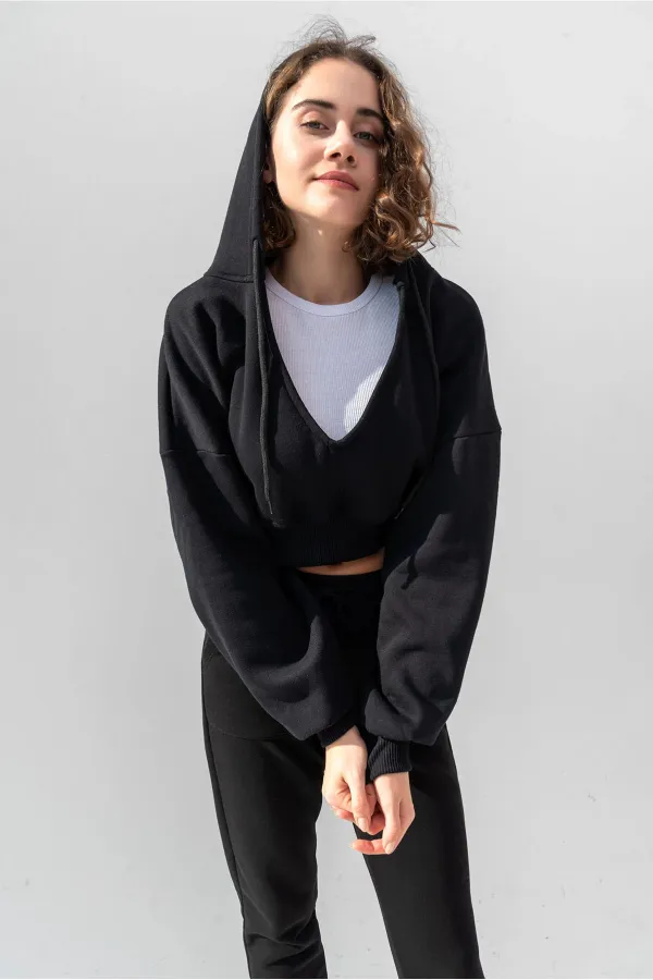 Hooded V-Neck Crop Sweatshirt with Thick Fleece Lining