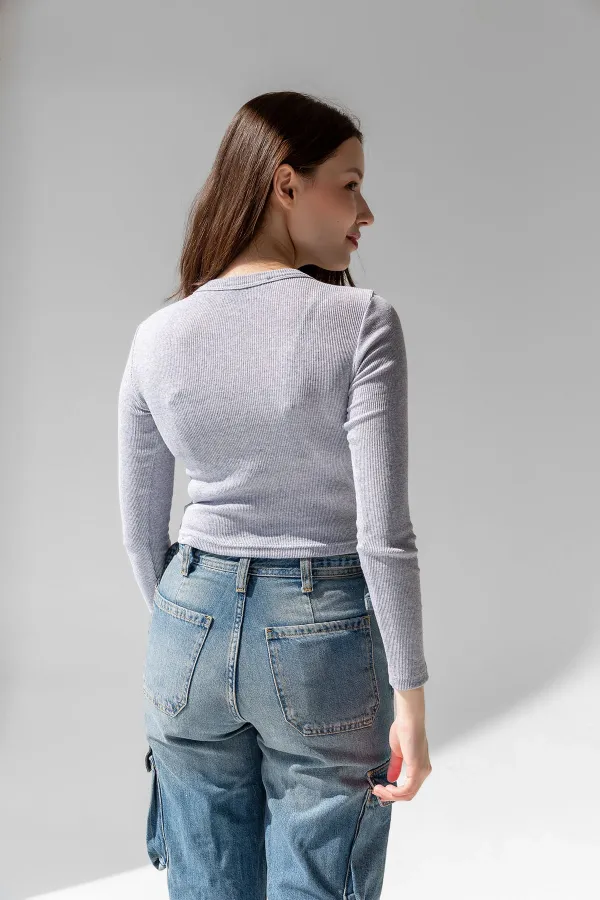 Chemisier côtelé à manches longues, t-shirt court en maille