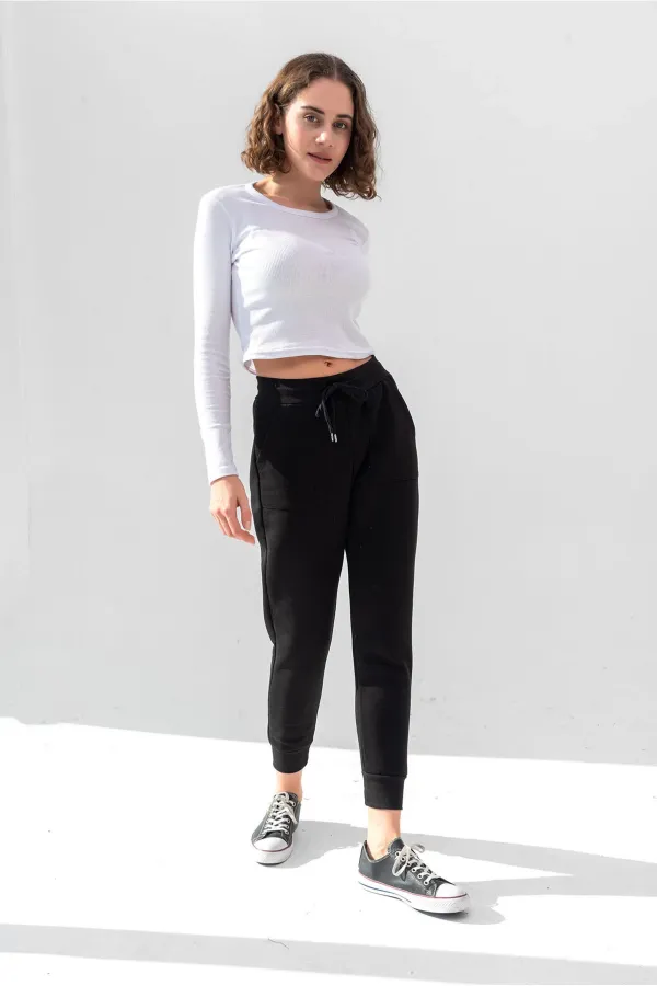 Uzun Kollu Fitilli Bluz Crop Örme T-shirt