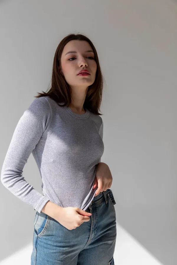 Chemisier côtelé à manches longues, t-shirt court en maille