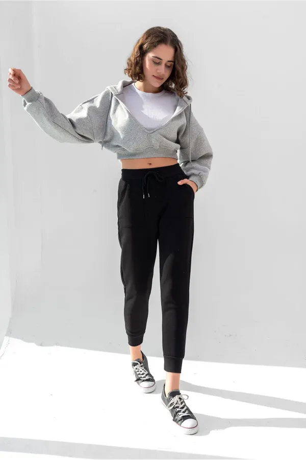 Hooded V-Neck Crop Sweatshirt with Thick Fleece Lining