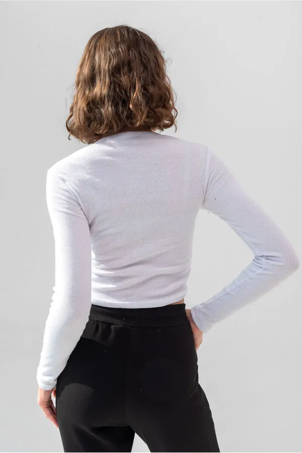 Uzun Kollu Fitilli Bluz Crop Örme T-shirt