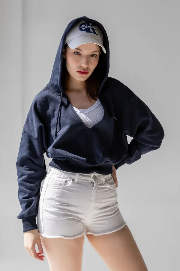 Hooded V-Neck Crop Sweatshirt with Thick Fleece Lining