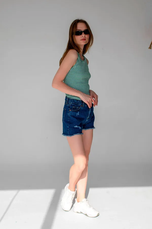 Çizgili Fitilli Halter Yaka Kolsuz Atlet