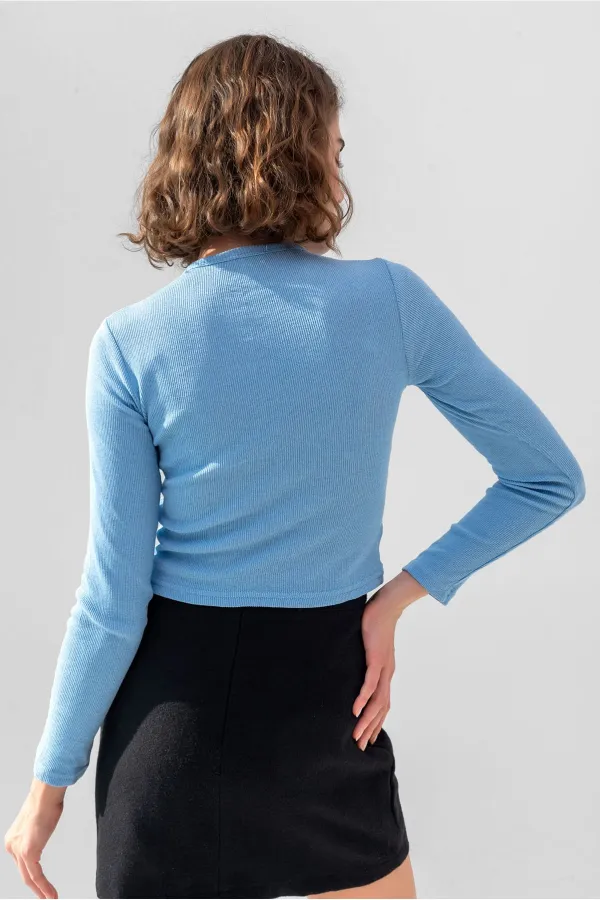 Uzun Kollu Fitilli Bluz Crop Örme T-shirt