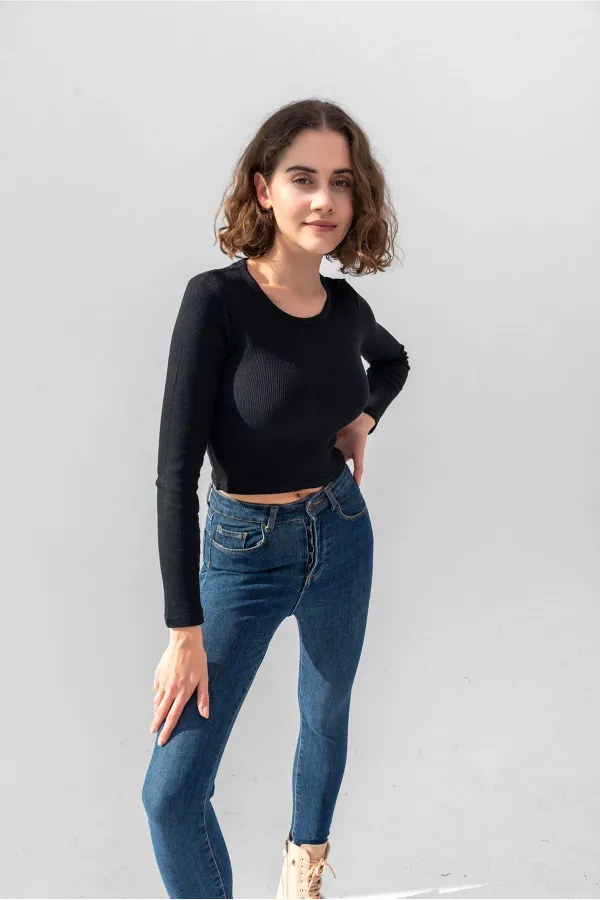 Uzun Kollu Fitilli Bluz Crop Örme T-shirt