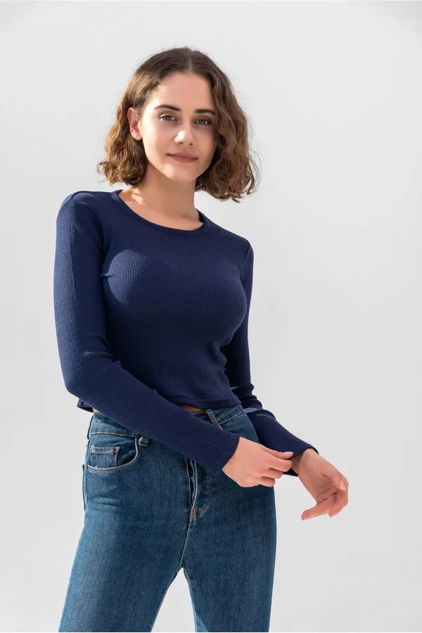 Uzun Kollu Fitilli Bluz Crop Örme T-shirt