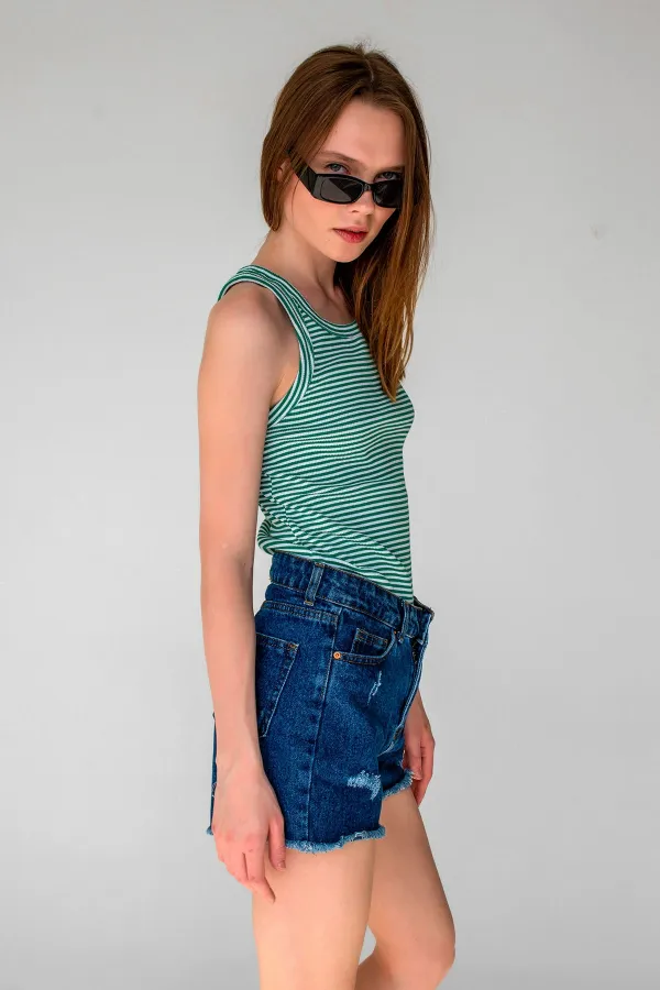 Çizgili Fitilli Halter Yaka Kolsuz Atlet