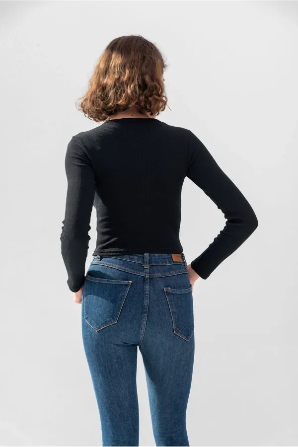 Uzun Kollu Fitilli Bluz Crop Örme T-shirt