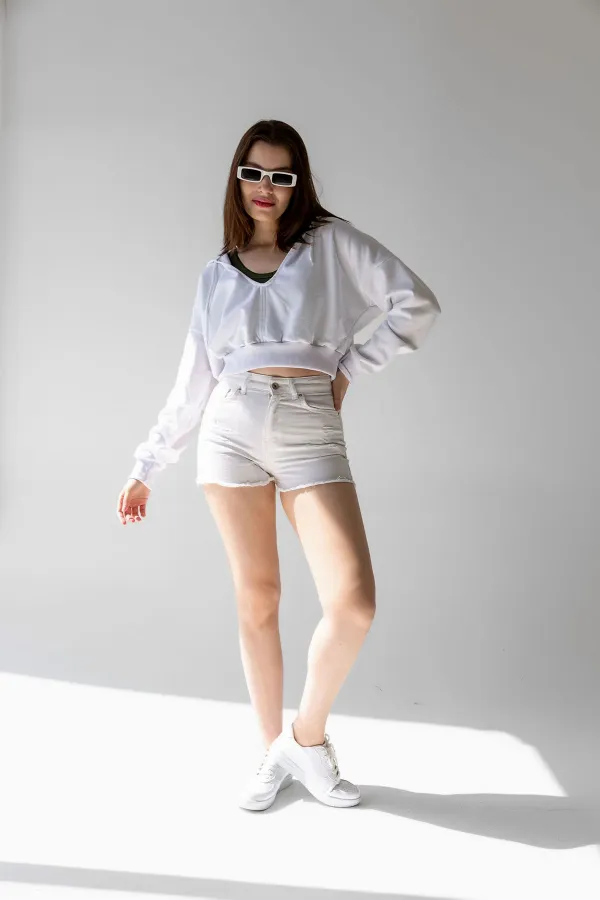 Hooded V-Neck Crop Sweatshirt with Thick Fleece Lining