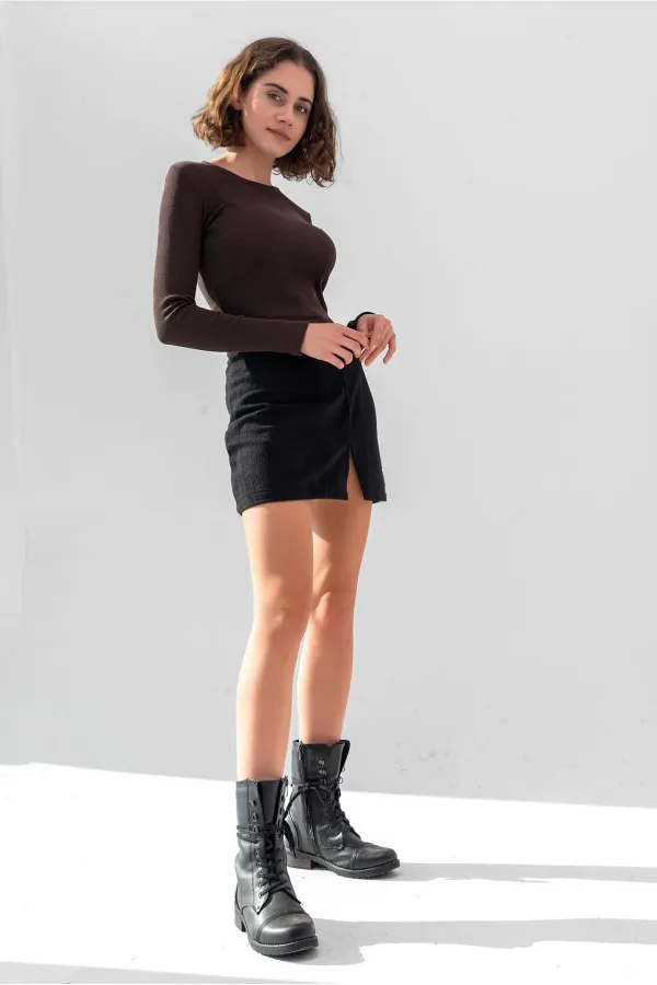 Uzun Kollu Fitilli Bluz Crop Örme T-shirt